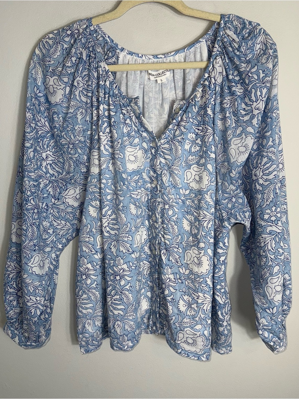 Emerson Fry India Collection Organic Cotton Blouse Top-White Blue-Size Large